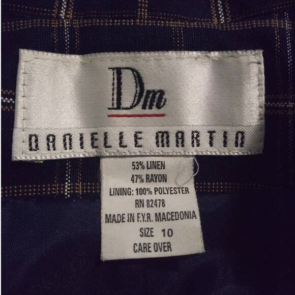 Vintage Danielle Martin Navy Blue & Tan Plaid Linen Blend Double Beasted Blazer - Picture 3 of 6